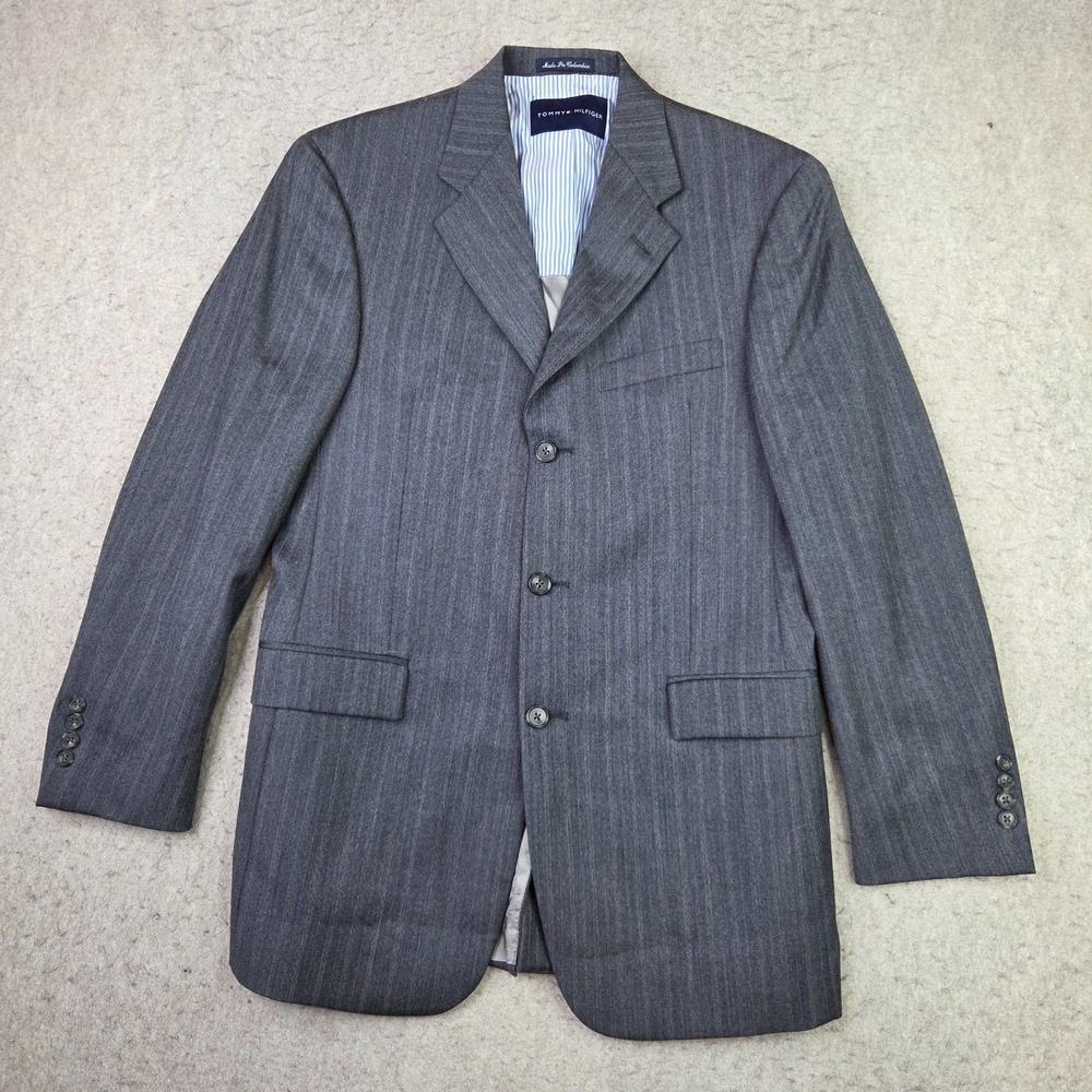 Tommy Hilfiger Wool Sport Coat Mens 38R Gray Striped 3 Button Blazer
